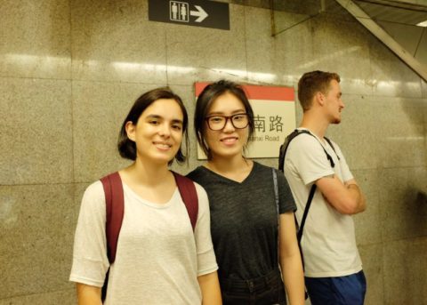 Maria with friends waiting for the metro in Shanghai