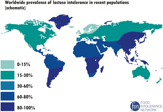 map of lactose intolerant people in world